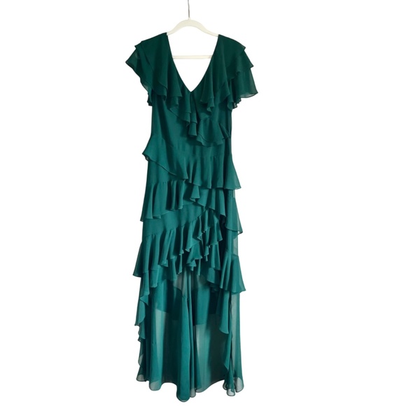 Badgley Mischka Georgette Cascading Emerald Ruffle Gown, High-low Hem, Size 10 - Picture 2 of 11